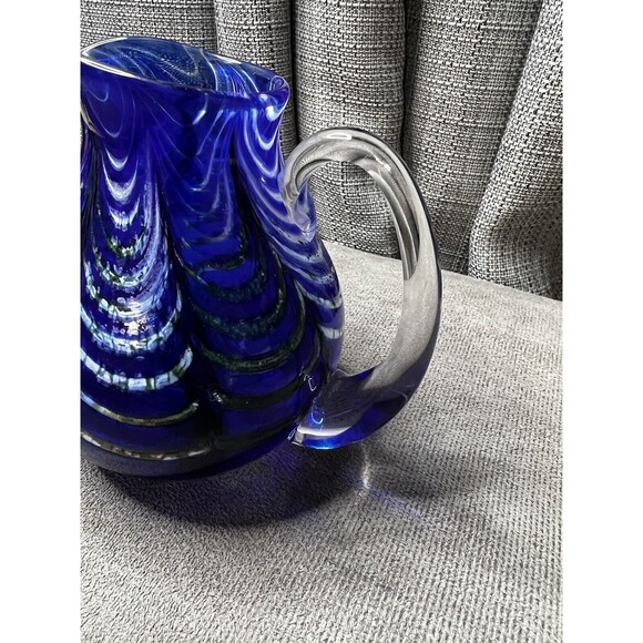 Kyle Gribskov Cobalt Blue Iridescent Inlaid Swirls Wave Blown Art Glass Pitcher - Picture 7 of 16